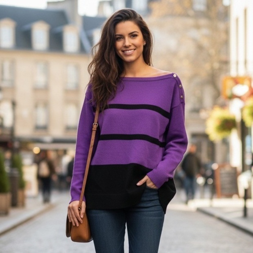 Lauren Ralph Lauren Sweater Purple Black Striped Gold Buttons Boatneck Size M